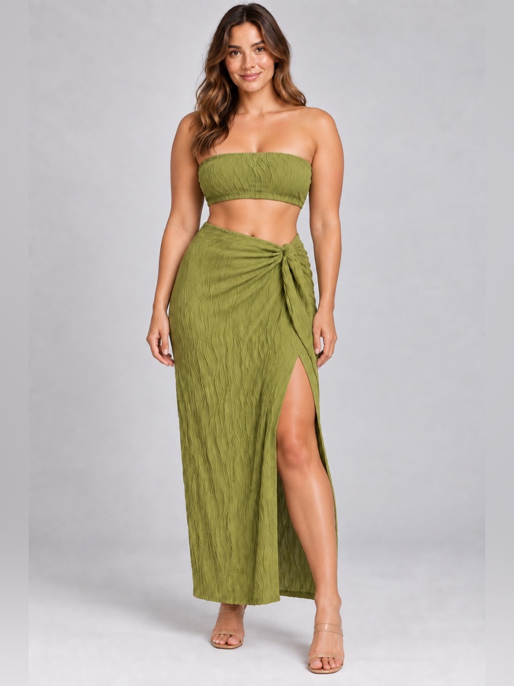 Olive Textured Bandeau & Maxi Skirt Set M